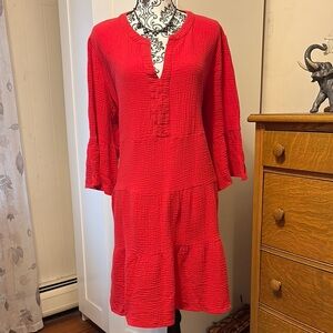 Red V-Neck Cotton Gauze Tiered Dress Size 3X
